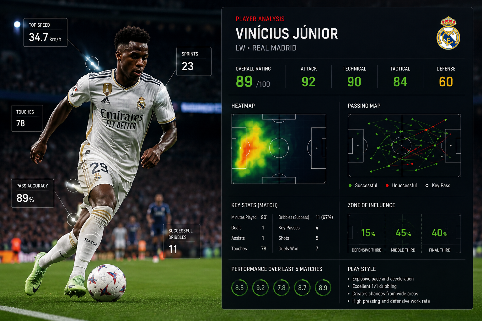 Football player analysis dashboard with movement data, heatmap, passing map, and performance signals